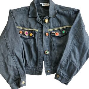 80s Vintage Cropped Black Jean Jacket with Decorative Gem Buttons